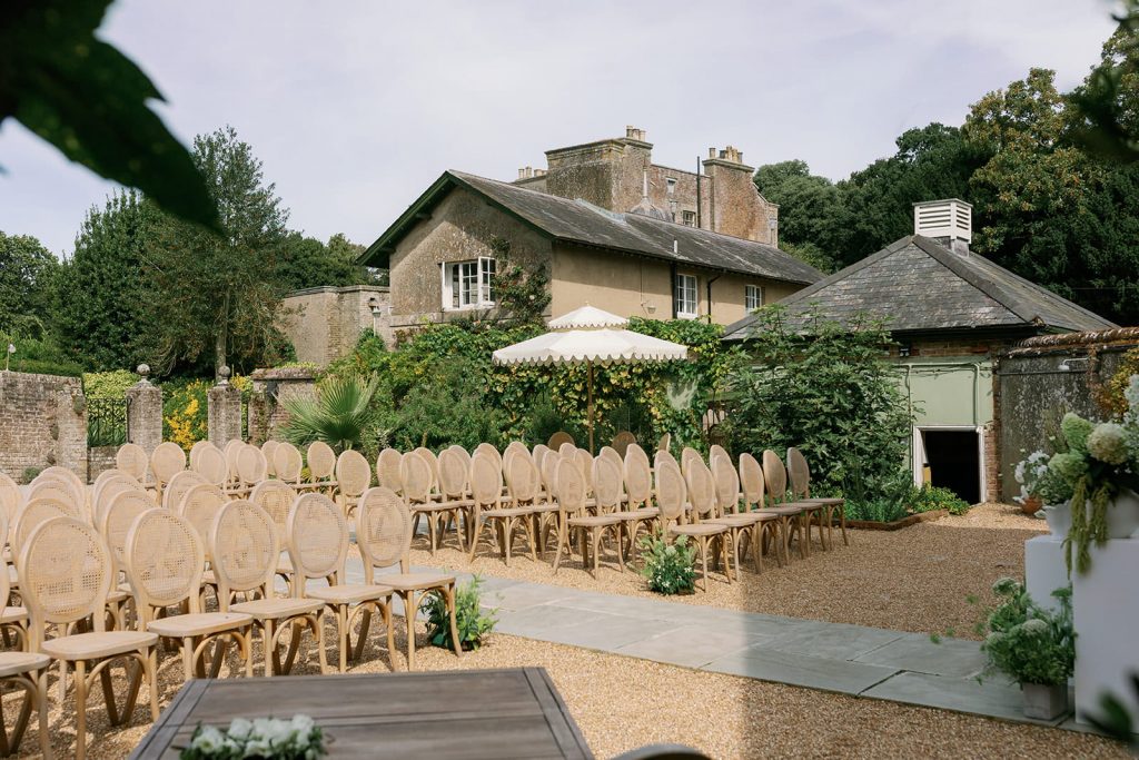 Outdoor wedding ceremony setup at Ripple Court Estate wedding venue in Kent