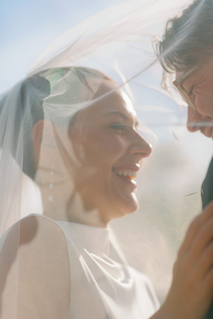 Bride and groom portrait under the veil at Ripple Court Estate wedding in Kent